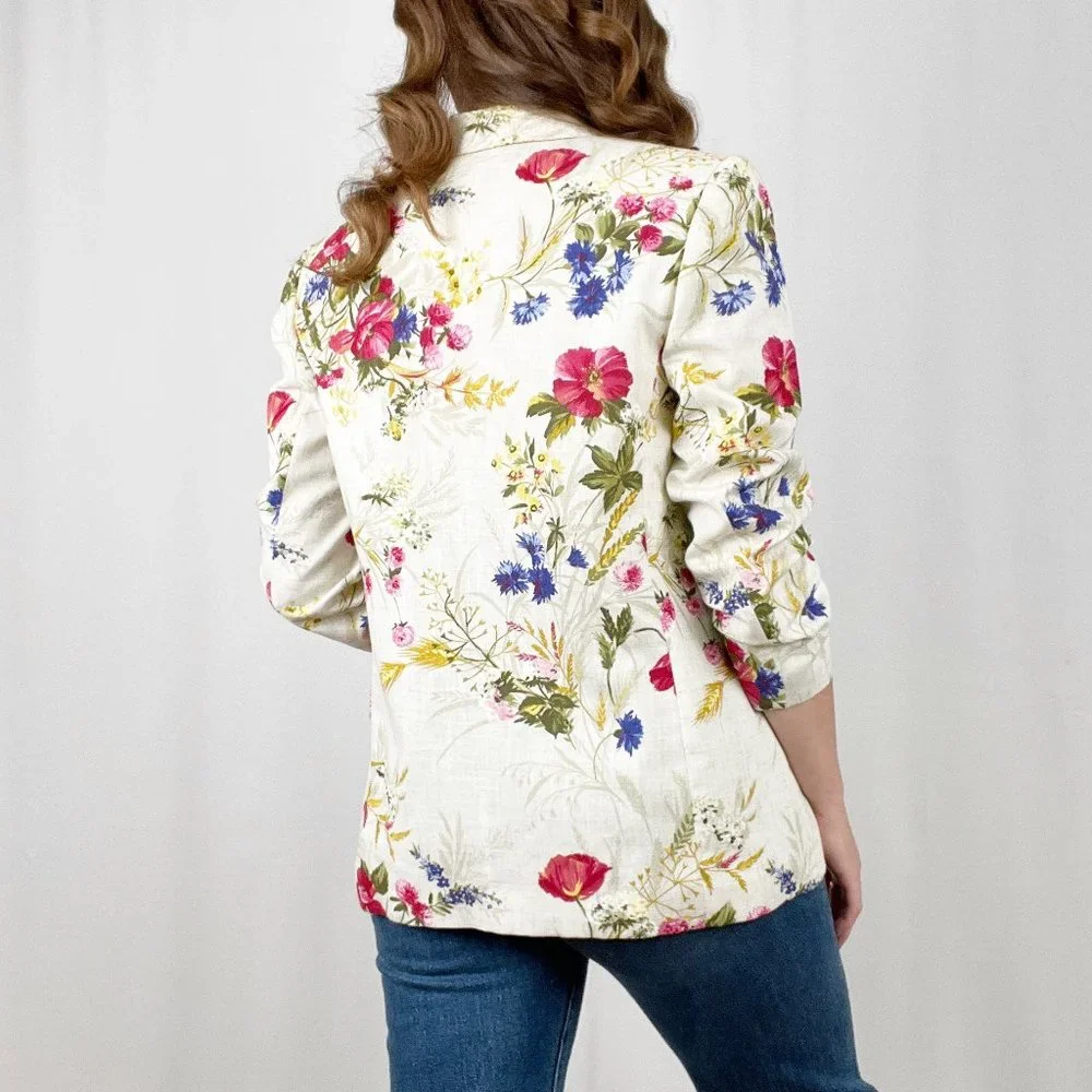 Vintage Oversized Linen Flax Blazer Floral Long Jacket Suit Coat Coastal Grandma - Picture 3 of 7